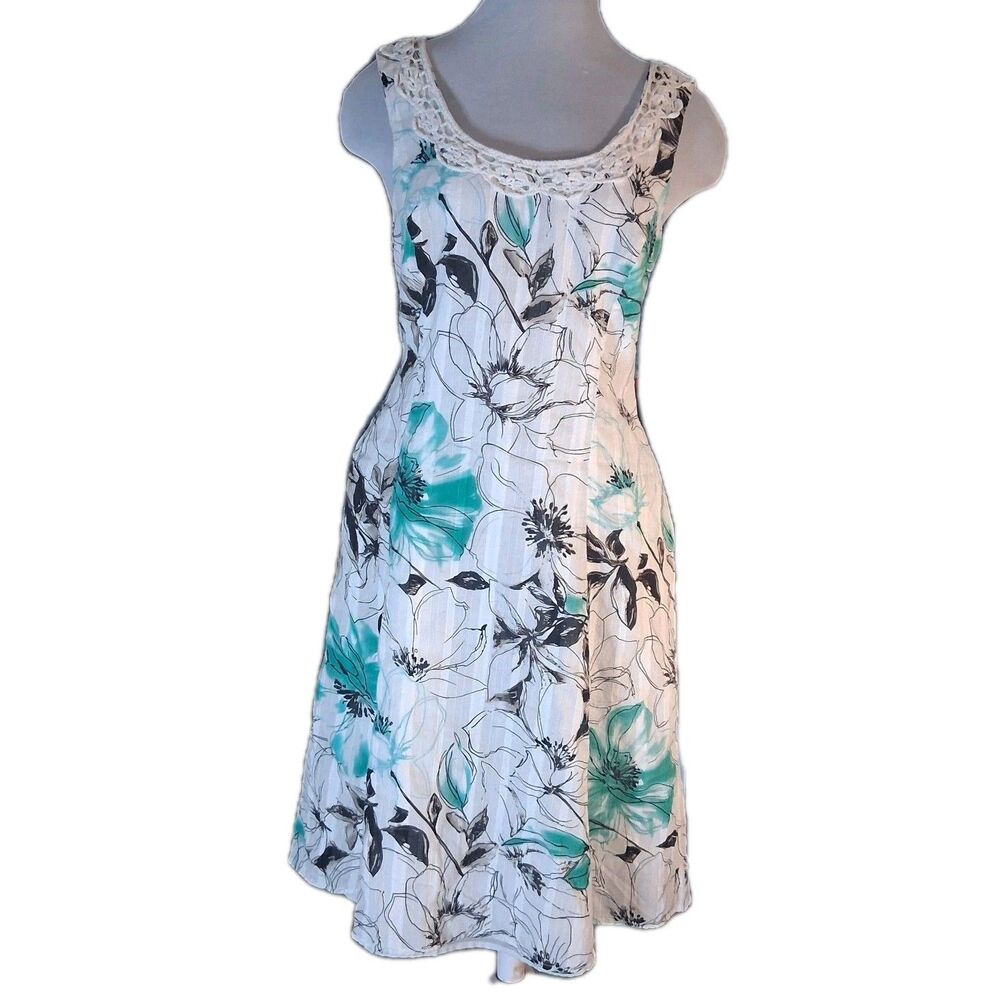 RB Collection New York Floral Dress Size 14 Teal White Crochet Neck Sleeveless